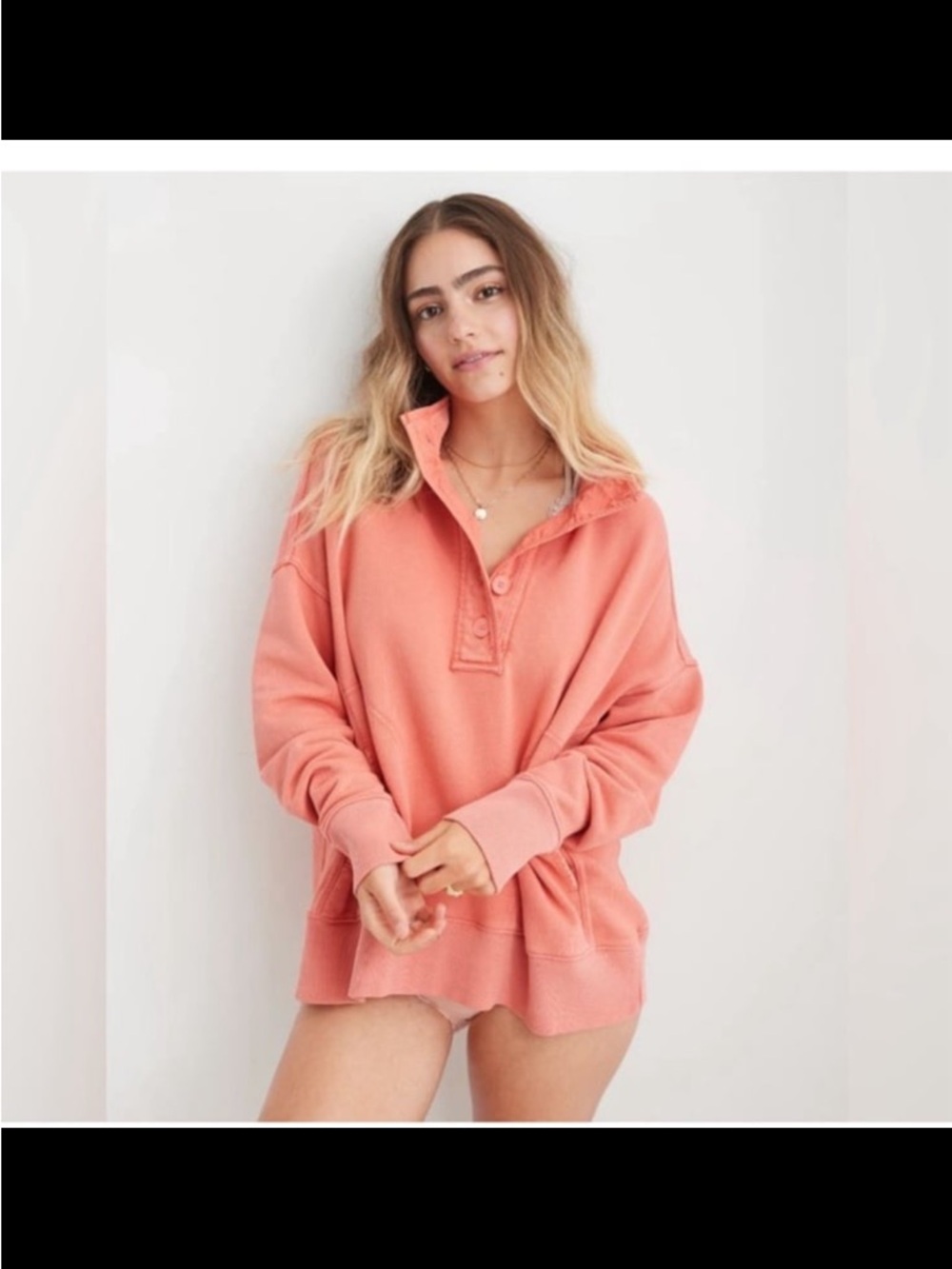 Aerie Coral Orange The Good Times Henley Sweatshirt Pullover | Size XS